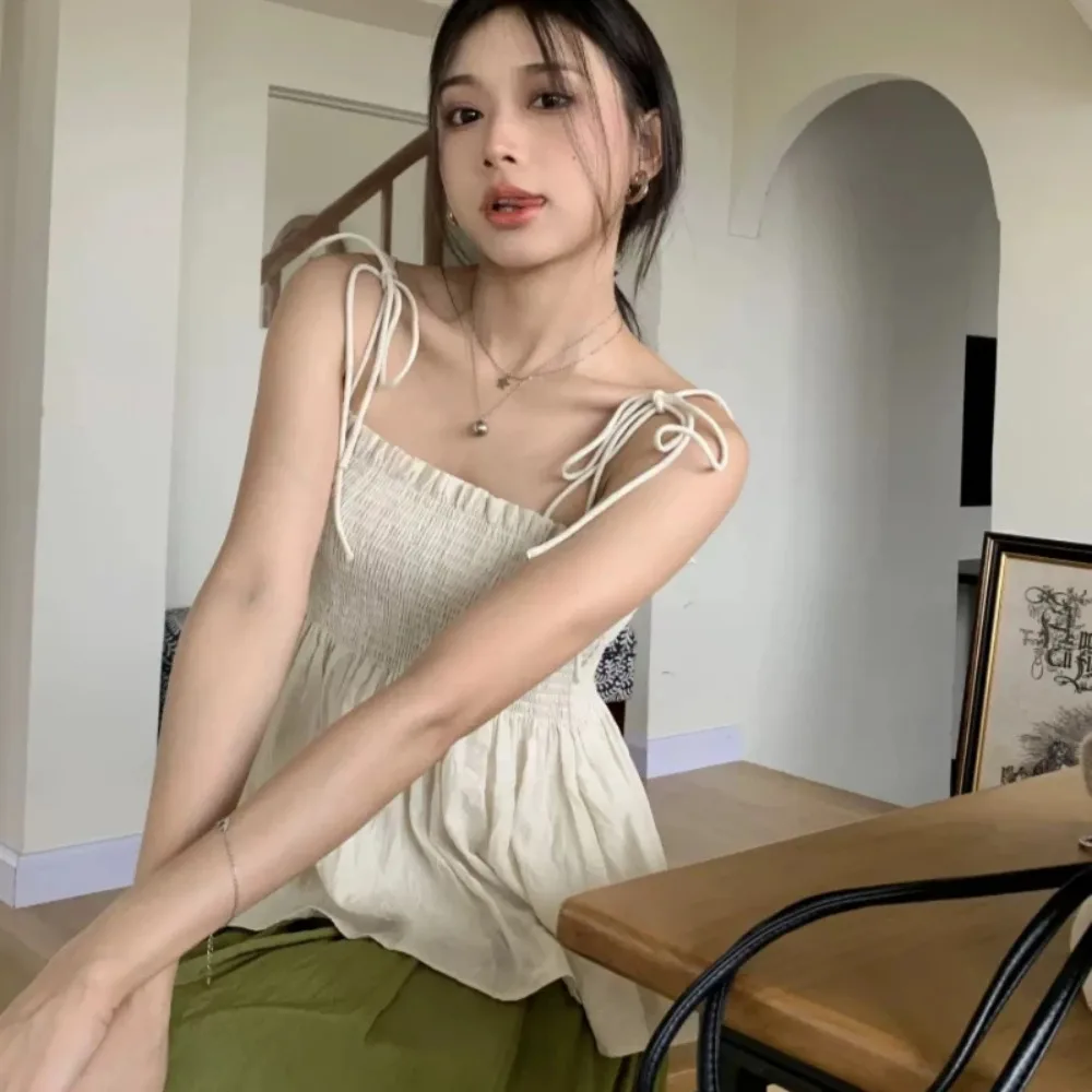 Sexy Bow Halter Crop Top Women Summer Pleated Camisole Backless Bandage Tank Top Casual Sleeveless Cropped Vest For Daily