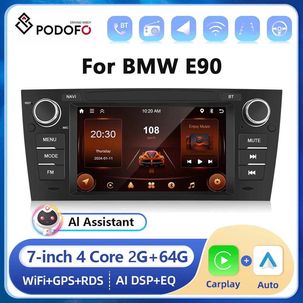 

Podofo 2din 7” Android 2+64G Car Radio for BMW 3 Series E90 Carplay Android auto Player Bluetooth GPS FM Multimedia Player