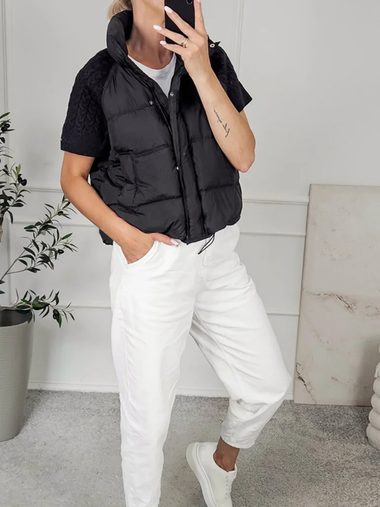 Damen Gestrickte Patchwork-Weste mit Stehkragen, Ärmellos, Reißverschluss, Kurz Geschnitten, Locker Sitzend, für Layering, Oberbekleidung 2026, Warme Winterjacke für Damen – Detail 14