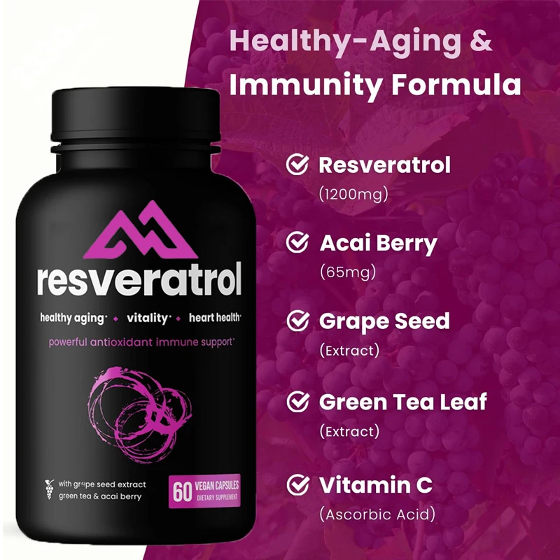 

Resveratrol Supplement 60 Pure Plant Capsules with Trans Resveratrol, Green Tea, Raspberry and Grape Seed Extracts