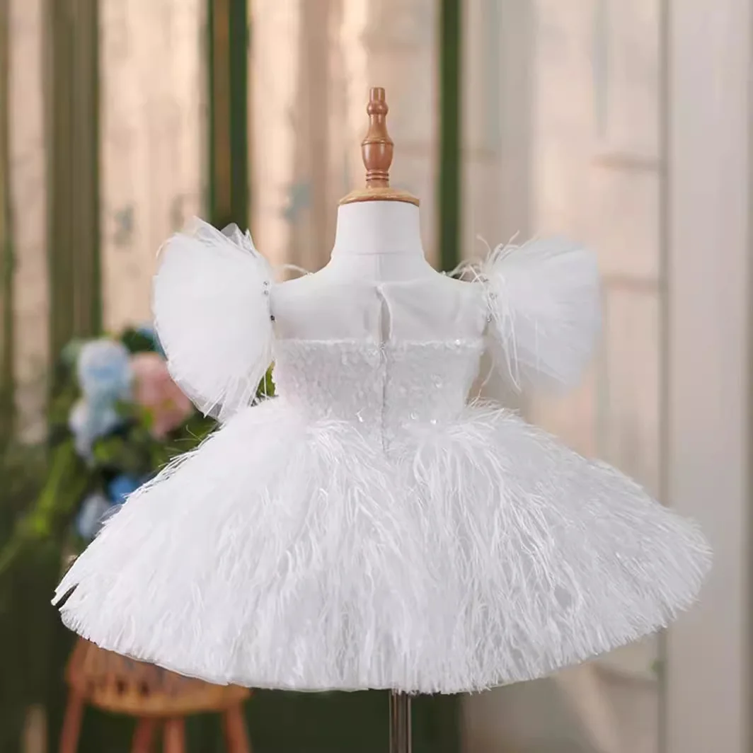 Vestido de casamento Shiny Feather Bow Tutu, vestido branco de princesa, vestidos infantis, Baby Birthday Party Dress, Crianças, Luxo, 2024