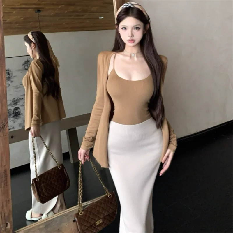 

2025 New Fall Fashion Knitted 3 Pieces Set Camis Vest Top&Long Sleeve Cardigan&Long Pencil Skirt Chic 2pc Matching Dress Suits