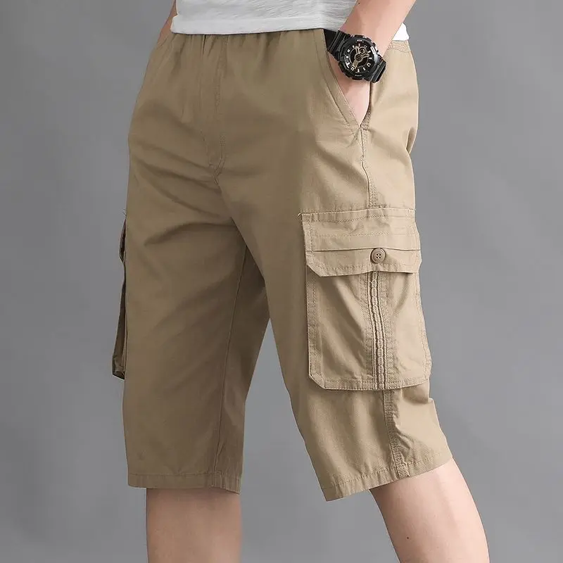 Summer Casual Comfortable Men\'s Middle-aged Elderly Seven-Point Pants Loose Shorts Solid Color Pocket Fashion Short Pants 2023