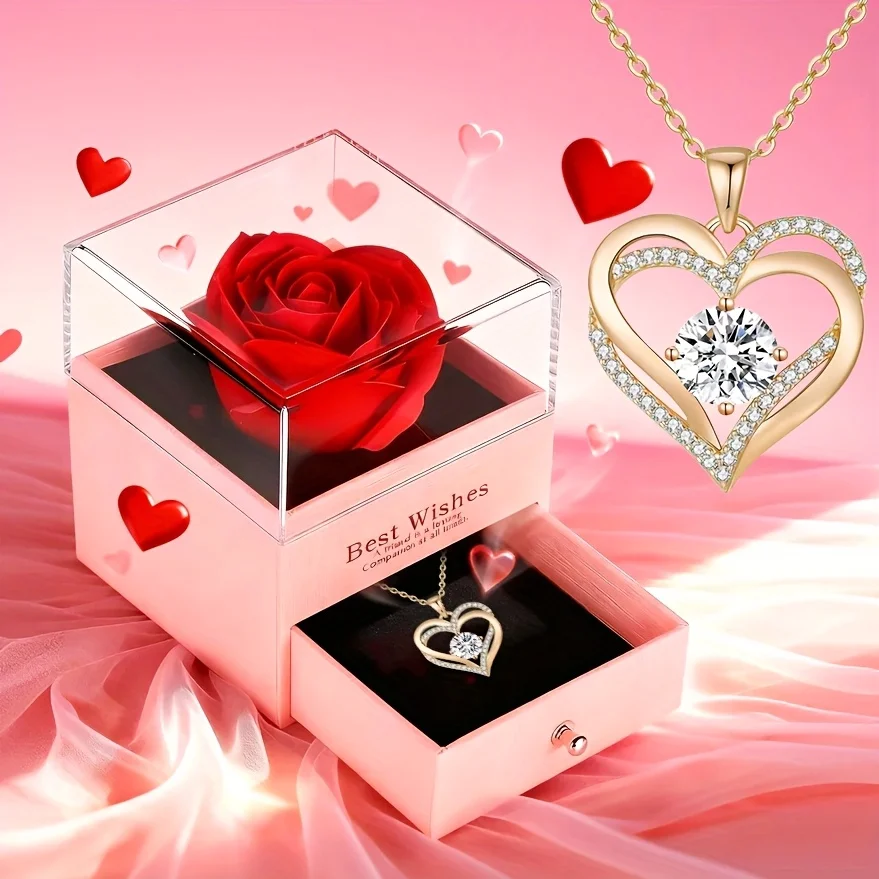 Pink Romantic Valentine'S Day Necklace Gift Box with Artificial Flower, Mother'S Day Present for Mom, Birthday Party Favor