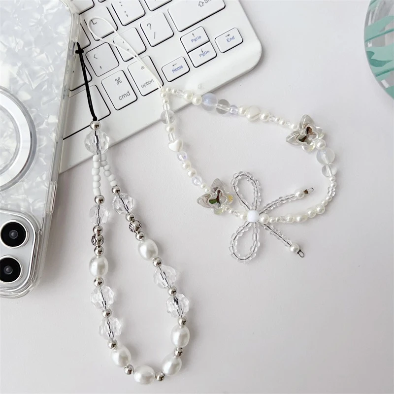 INS Korean Cute White Bow Pearl Beaded Phone Chain For Mobile Phone CCD Camera Hanging Rope Acrylic Anti-Lost Lanyard Jewelry