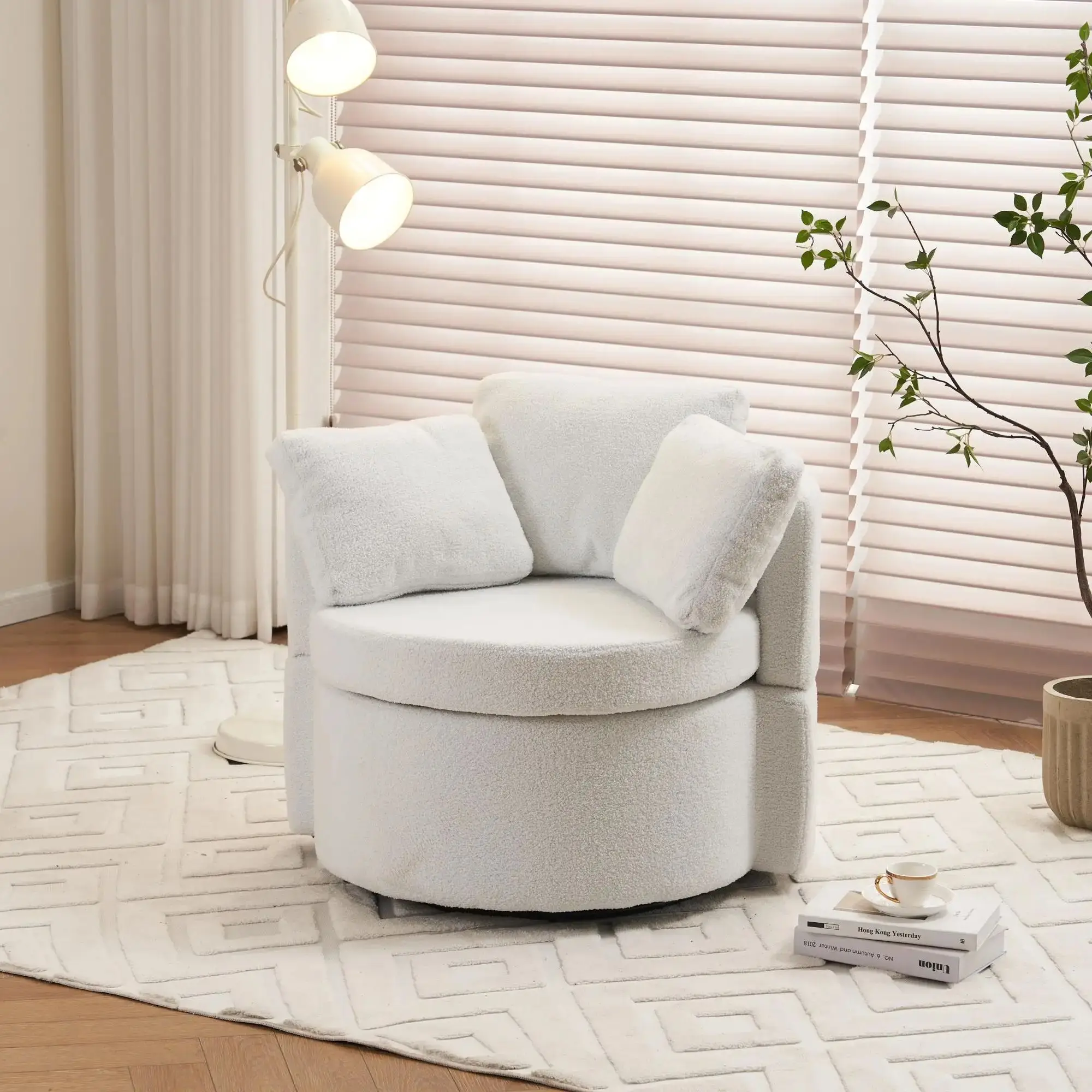 Teddy Fabric Upholstered Swivel And Storage Chair With Back Cushion For Living Room Bedroom Office,Ivory