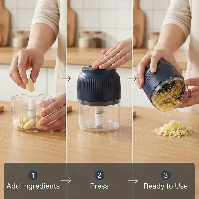 1pcs Electric Garlic Chopper, 4 Sharp Blades，Portable Veggie Chopper, 300ML Garlic Grinder Masher Onion Chopper, Blender to Vegetable, Cordless Food Processor for Ginger, Chili, Fruit, Meat, Spices, Beans, etc - view 7
