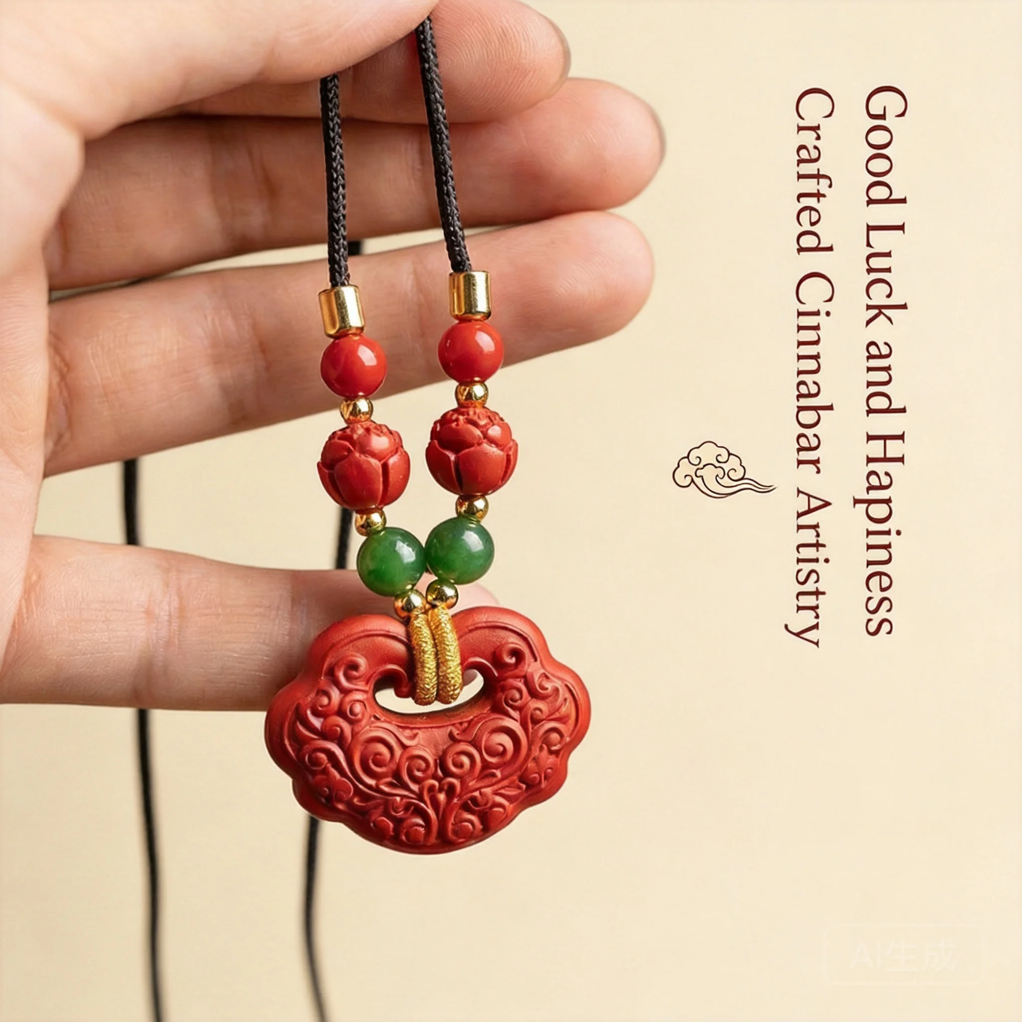 Chinese Traditional 99 High Purity Cinnabar Auspicious Cloud Ruyi Lock Pendant Necklace Lucky Blessing Wealth Attracting Amulet