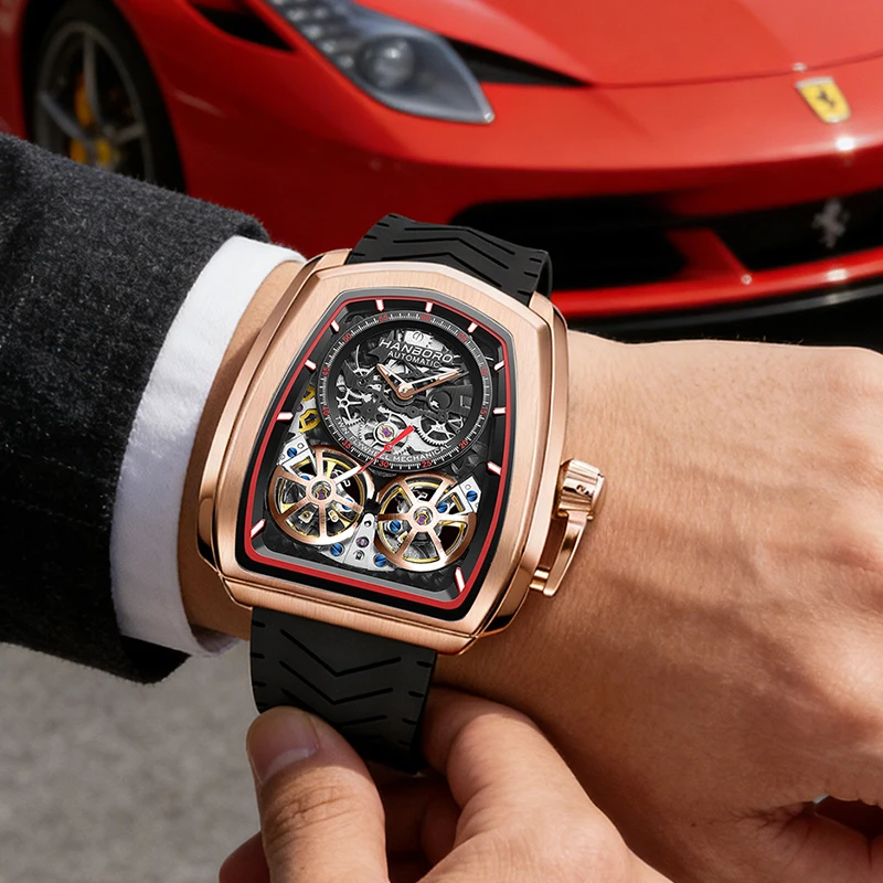 Double Flying Wheel Hollow Watch Men's Double Flying Skeleton Luxury Irregular Automatic Mechanical Stainless Steel Silicone view 6