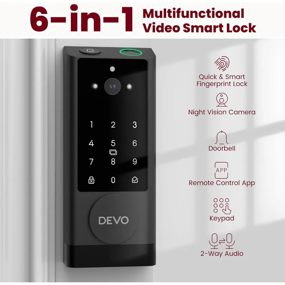 DEVO G1 Video Smart Lock with Camera & Doorbell, 6-in-1 Keyless Entry Door Lock with Fingerprint, App Remote, Auto Locks, Built-