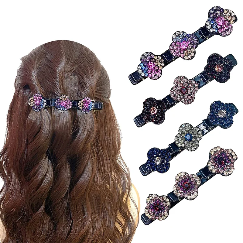 4Pcs Sparkling Crystal Stone Hair Clips 3 Flower Diamonds Barrettes For Women Girls Sweet Rhinestones Braided Duckbill Hairpin