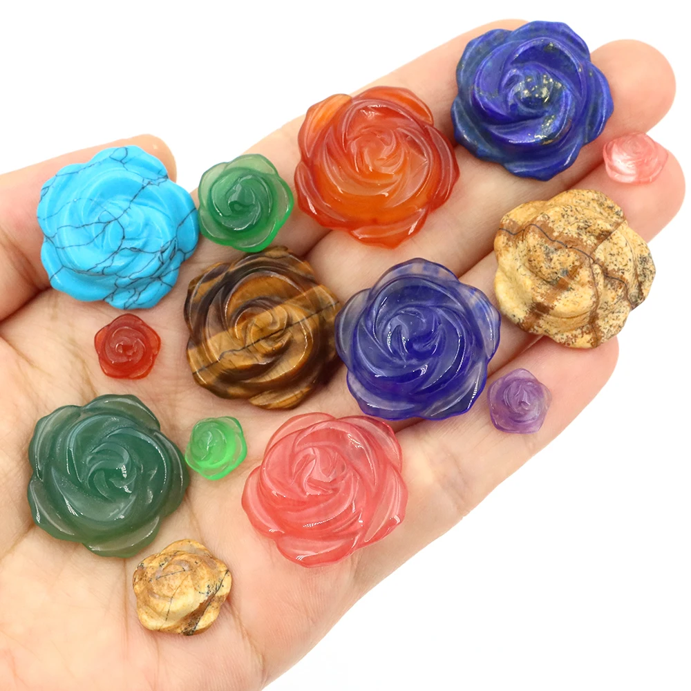 10 15 25mm Rose Flower Beads Natural Stone Carving Crafts Home Decoration DIY Pendants Necklace Reiki Gemstone Love Jewelry Gift
