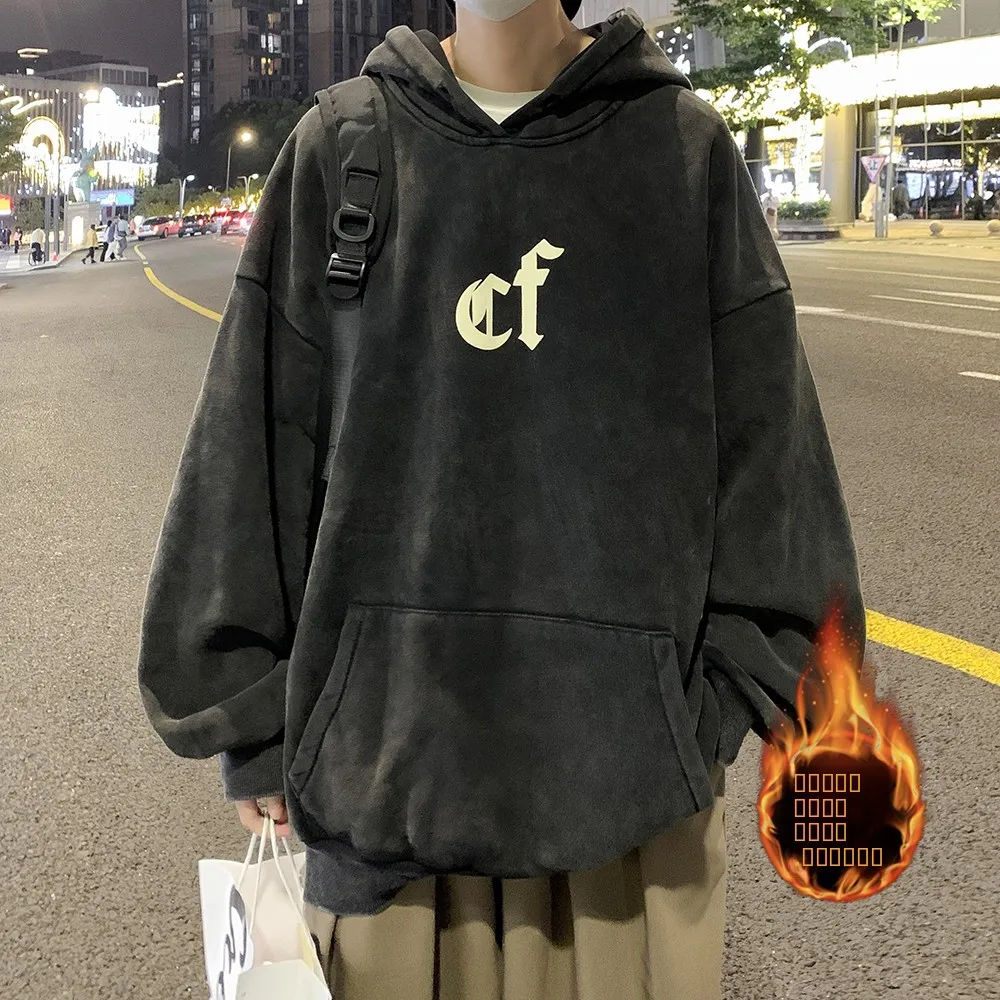 

Waed Thiened Autumn Winter Hoodie Men's American Sle Fce Lined Overhead Coat High Street Winter Thiened Hoodie