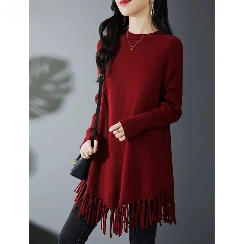 

plus Size Women's Knitwear Spring Autumn New Style Tassel Design Casual Long Sleeve Mid-Length Sweater Lazy Style Bottoming