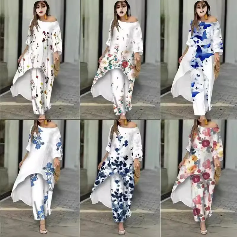 European American Clothing Fashion Casual Loose Irregular Printing Nine-quarter Sleeve Sunscreen Clothes Wide-leg Pants Set