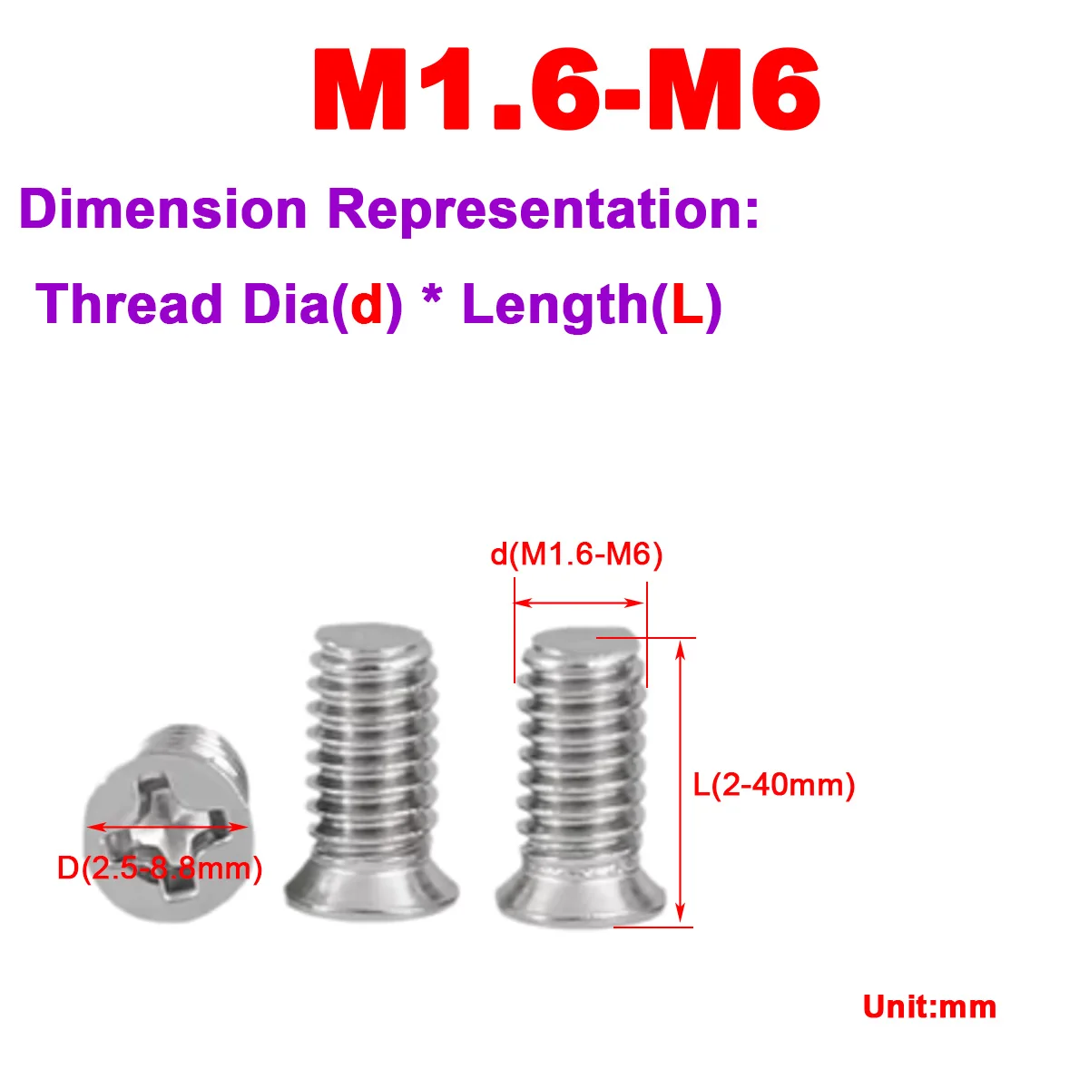 

304 Stainless Steel Small Head Diameter Thin Countersunk Cross Recessed Non-Standard Screw M3M4