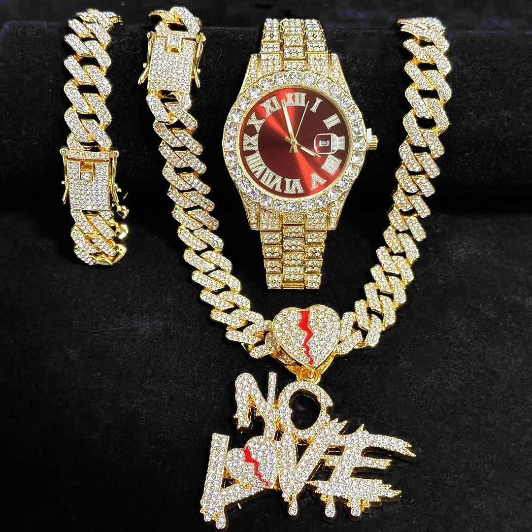 3-Piece Set of Popular Foreign Trade Maier Cuban Necklace and Bracelet Set, Men's Watch and Jewelry Party