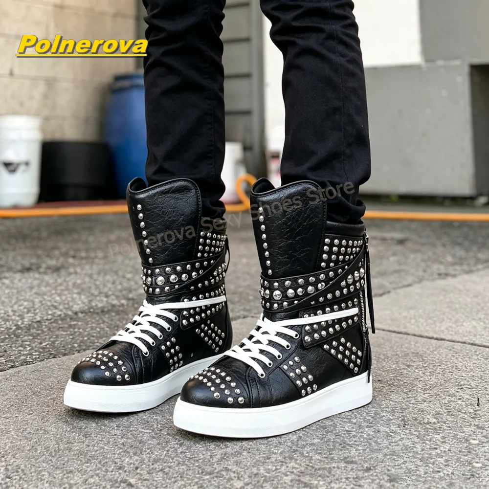 Punk Rock Spiked Studded High Top Sneakers Round Toe White Lace Up Back Zipper Casual Ankle Boots Street Style Nightclub 2026