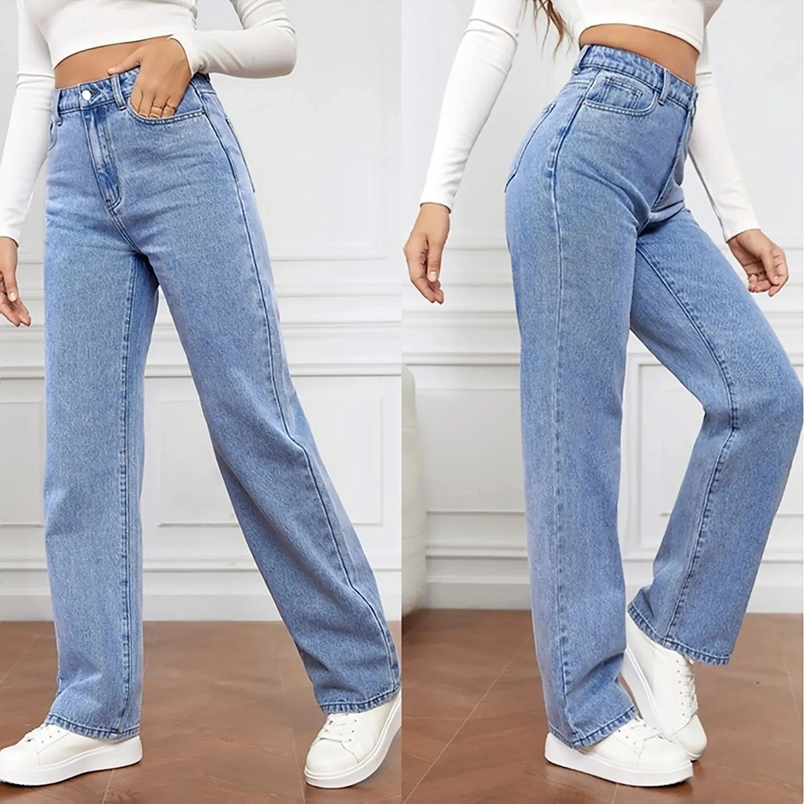 2025 Spring Autumn Women's Jeans High Waist Washed Fashion Straight Trousers Korean Casual Streetwear Denim Pant Jeans for Women