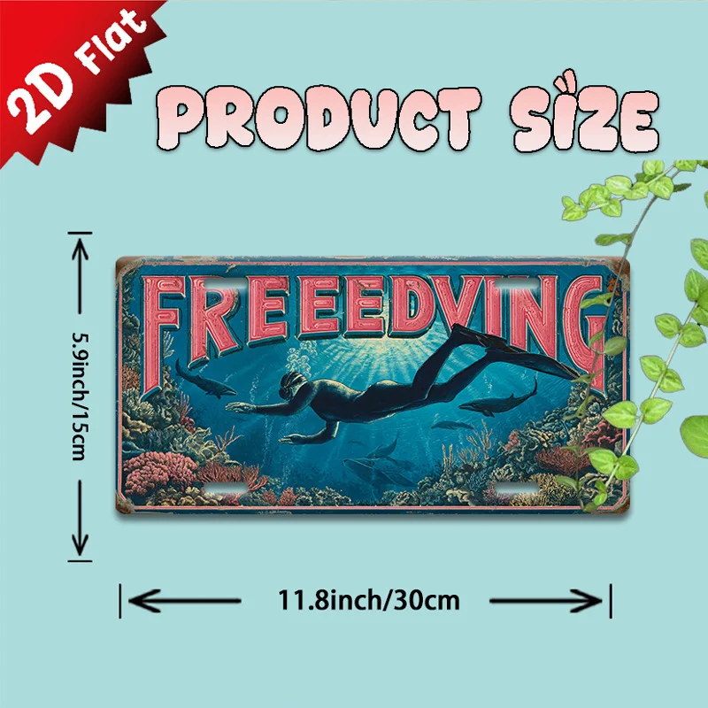 2D Flat -Vintage Metal Sign, Decorative Plaque And Signboard,Wall Art Decoration, Theme of Free Diving And Marine Life Adventure
