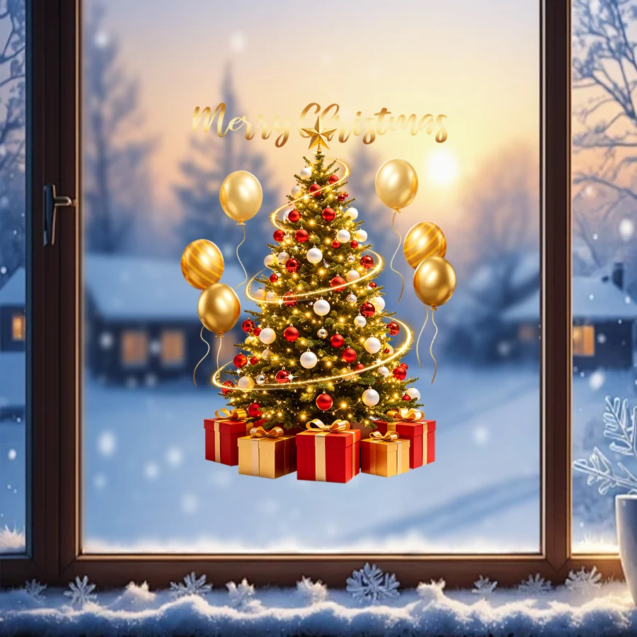 1 Sheet of 45* 60cm Christmas Tree Static Cling Window Stickers, Golden Balloon Gift Box Christmas Glass Decorations, Suitable for Shop and Home Holiday Decorations
