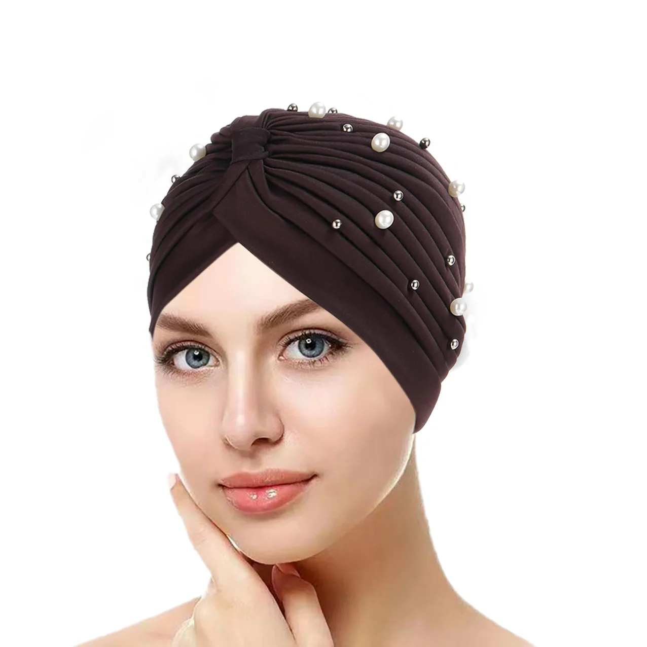 Fashion Pleats Pearl Hijab Cap for Ramadan Solid Color Indian Hat Muslim Head Wrap Women Turban Bandana Bonnet