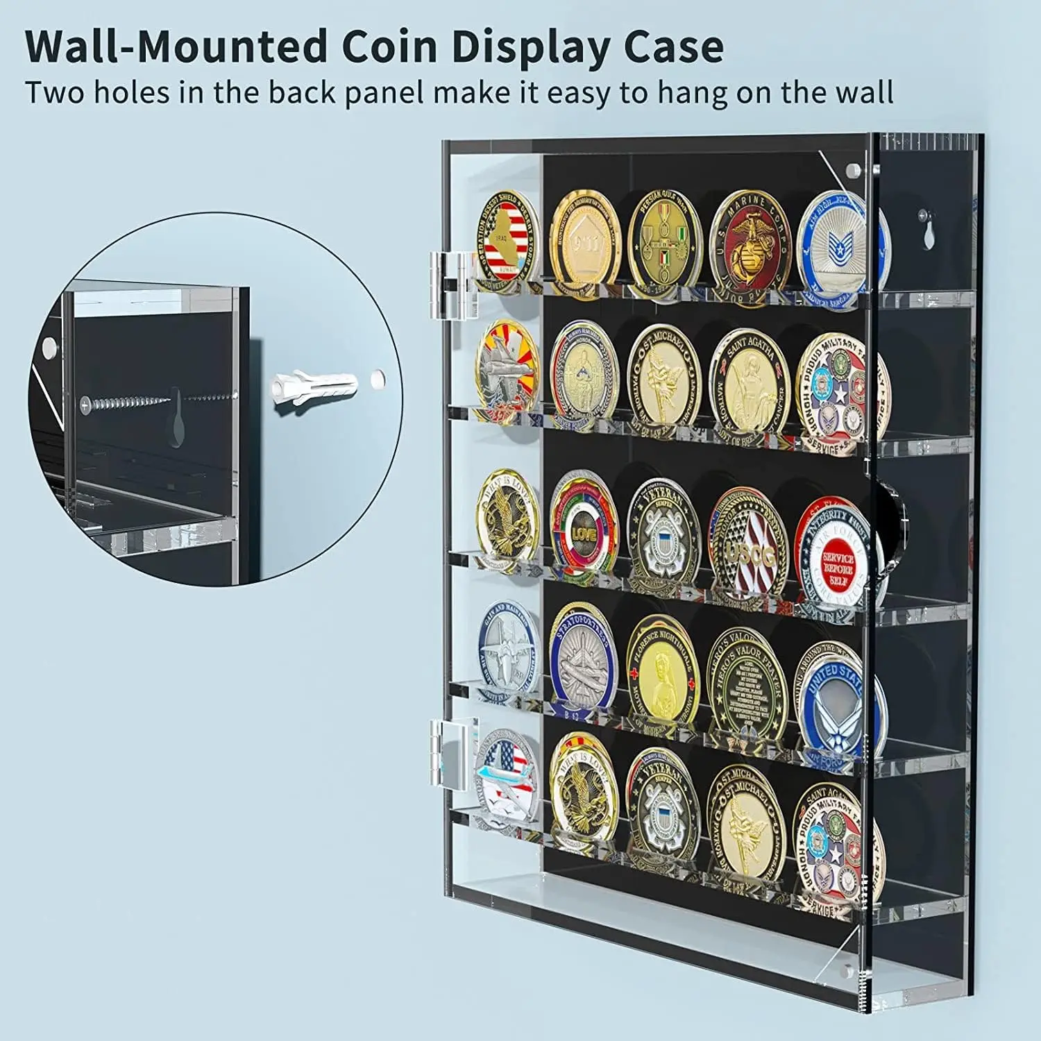 Acrylic Coin Holder Challenge Coin Badges Display Case 45 Military Medals Shadow Box