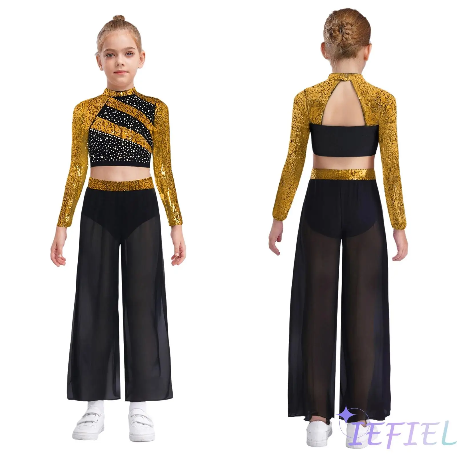 

Girls Jazz Dance Costume Two-Piece Set Sequins Cutout Back Press Button Crop Top Flowing Chiffon Wide-Leg Side Slit Dance Pants