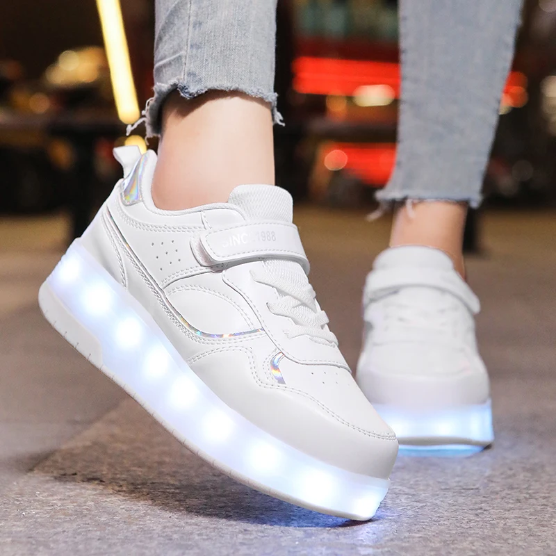 Sepatu Kets Bercahaya Bercahaya Dua Roda Anak-anak Sepatu Roller Skate Lampu Led Merah Muda Sepatu Led Anak Laki-laki Perempuan Pengisian Daya USB