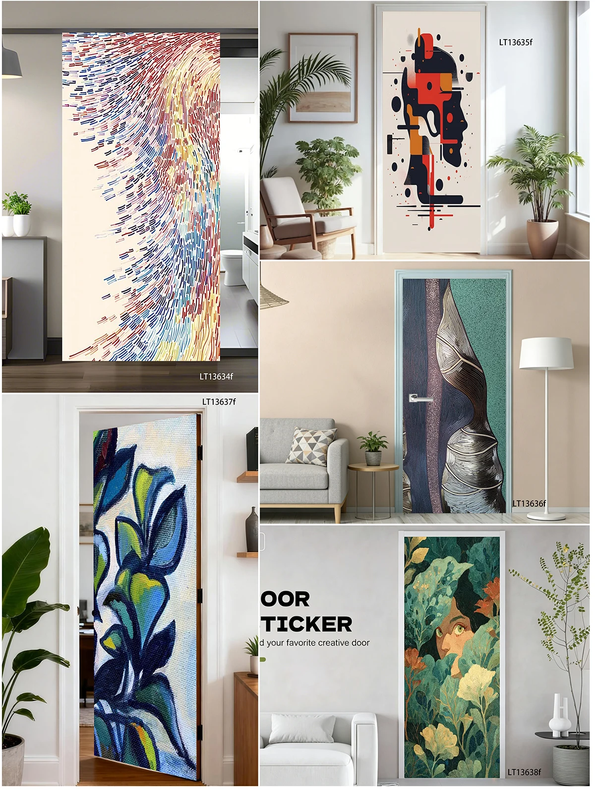 Abstract Animal Door Sticker PVC Mural Leopard Cat Floral Geometric Waterproof Removable Bedroom