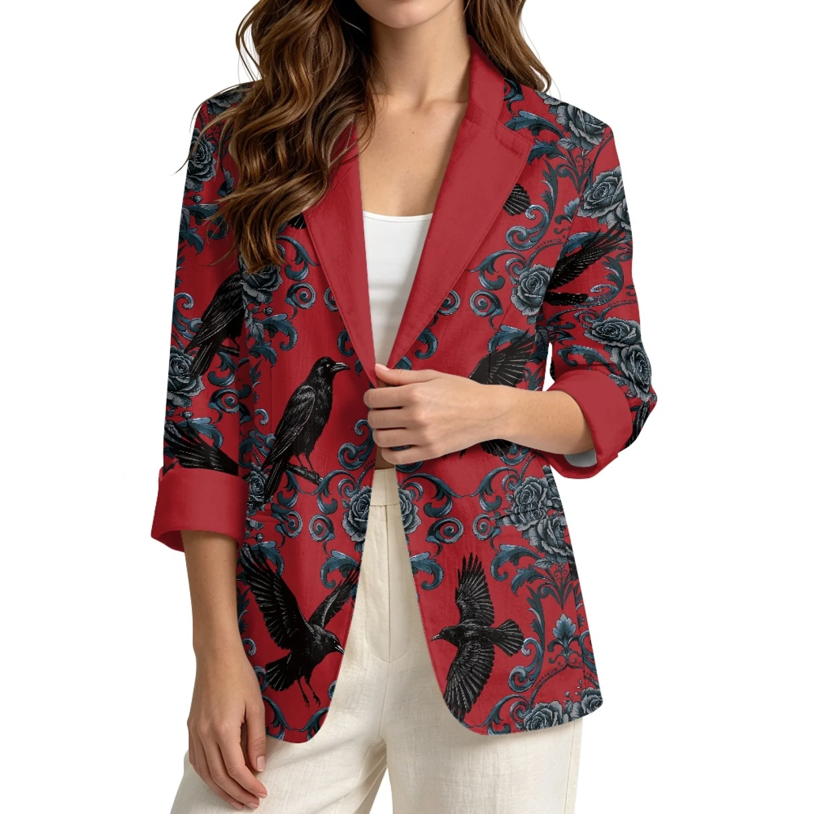 PENSTROLL Crow Rose with Pockets Open Front Tops for Ladies S-3XL, Linen Like 3/4 Sleeve Beach Cover Ups for Casual Going Out