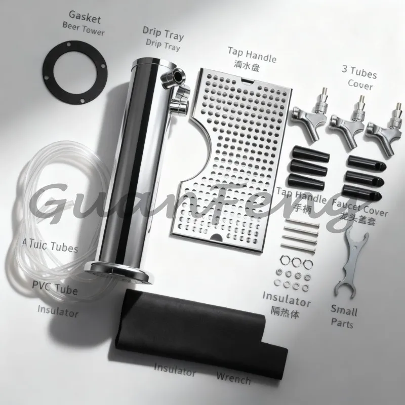 Beer tower dispenser, stainless steel pre-installed tower kit, with bar drip tray