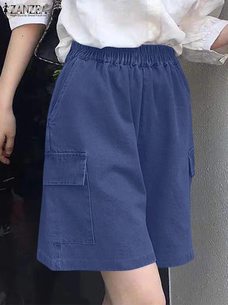ZANZEA, pantalones cortos de verano para mujer, pantalones vaqueros suaves azules, moda informal, pantalones holgados con cintura elástica, pantalones de trabajo elegantes, ropa de calle