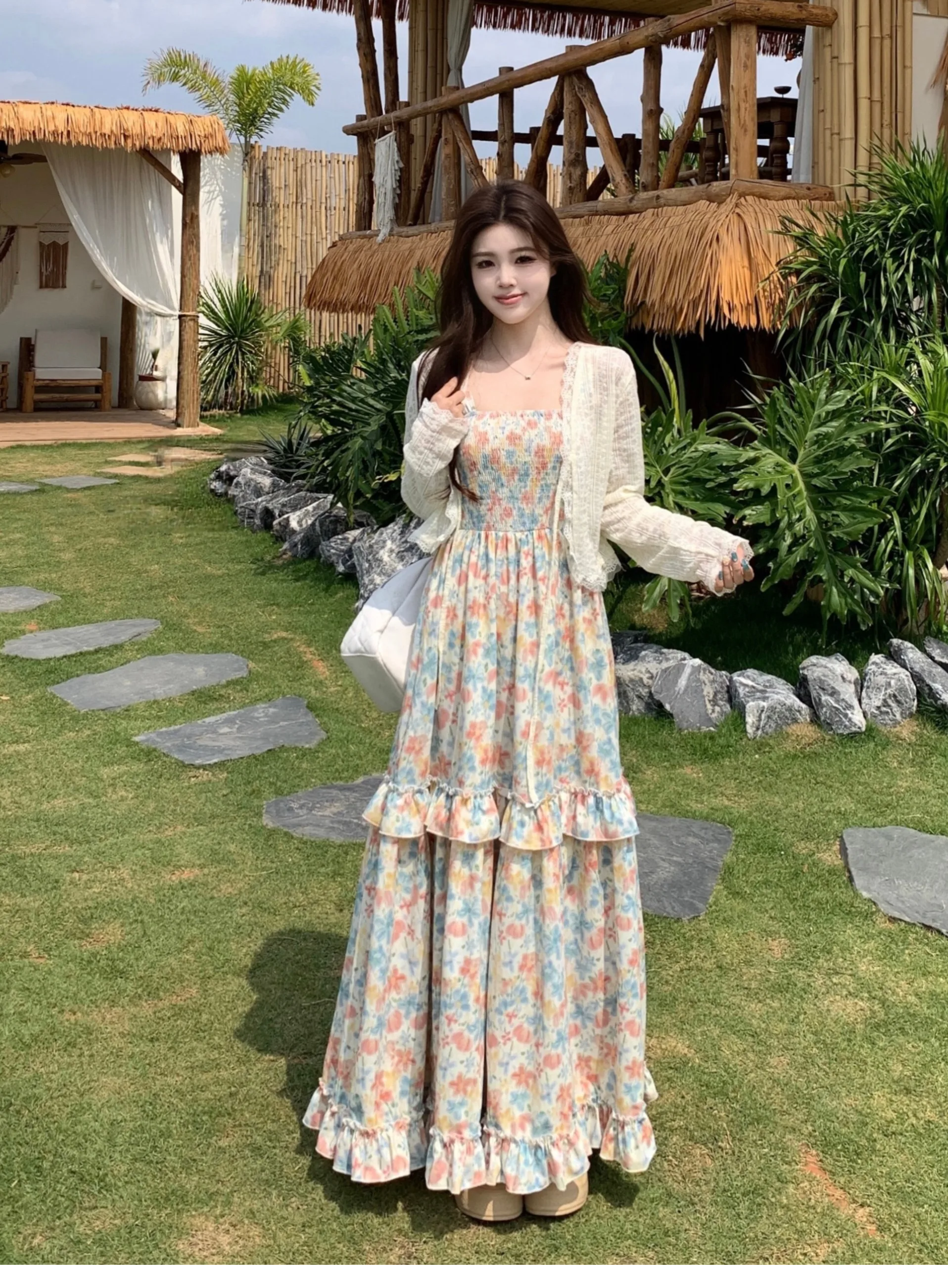 

plus Size Floral Print Halter Dress Women's Summer Thin Cardigan Top Set Korean Style Slimming Long Skirt Commute Fashion
