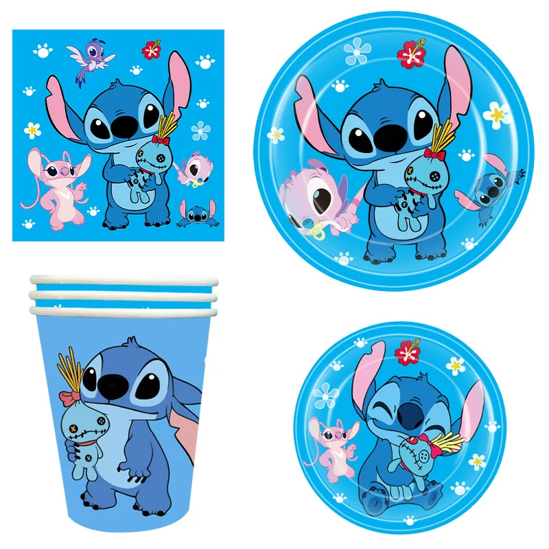 Suministros de decoración de fiesta de cumpleaños de Disney Stitch, vajilla, vasos de papel, platos, mantel, pancarta, telón de fondo, juego de