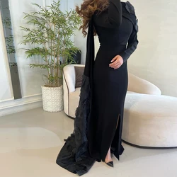 Exquisite Black Straight Evening Dress Side Split Long Sleeves 3D Flowers Celebrity Gowns with Watteau Train Vestido De Festa