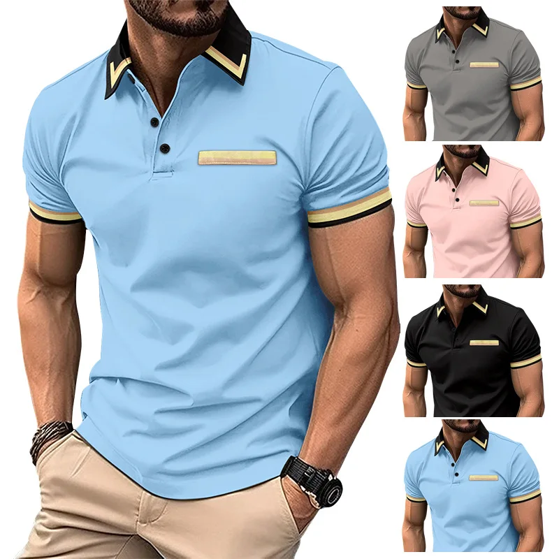 Men's Casual Polo Shirt with Chest Pocket, Color Matching Lapel, Versatile, Fashion, GZMS-2024L, New