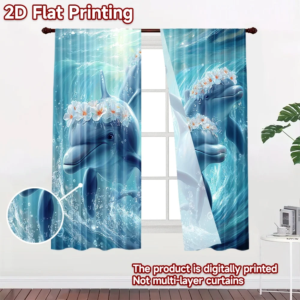 2D flat printing 2pcs Curtains Dolphins Playing In Ocean Waves Digital Printed Polyester Drapes All Season Party & Holiday Decor