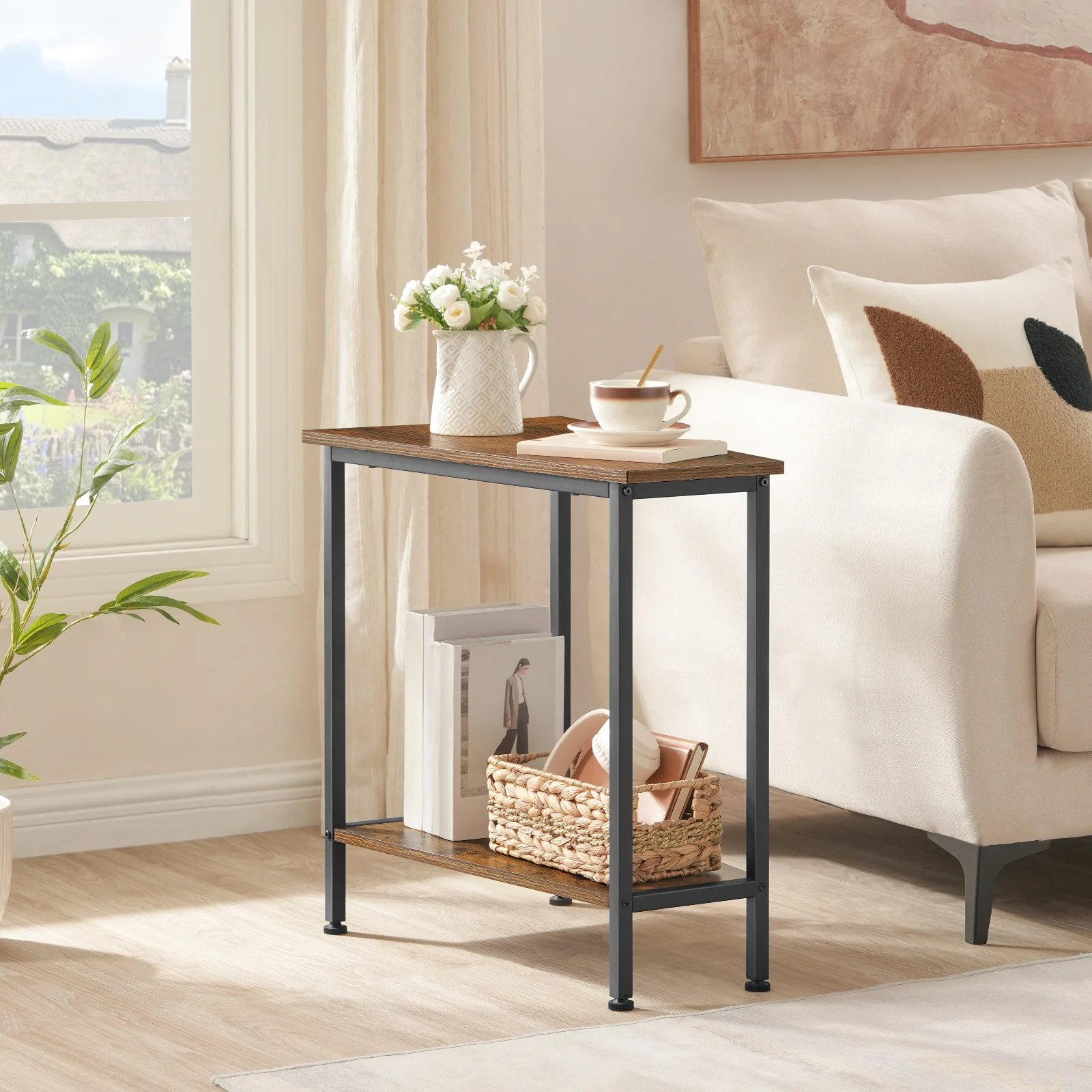 Wedge End Table, Recliner Wedge Side Table with Storage, Industrial Triangle Accent Table for Small Space, Corner 2