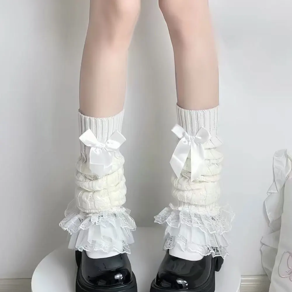 Cute Lace Flared Knitted Long Legs Warmers Y2K Leg Stockings White Harajuku Socks White Foot Cover Lolita Over Knee Leg Warmer