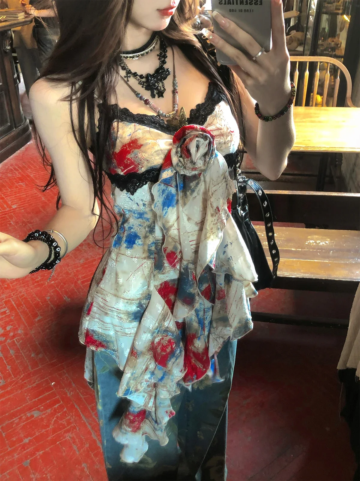 Dophee 하이 퀄리티 여성용 불규칙 프린트 민소매 레이스 탱크 탑 + 와이드 레그 데님 바지, 요정 수트, 여름 투피스 세트