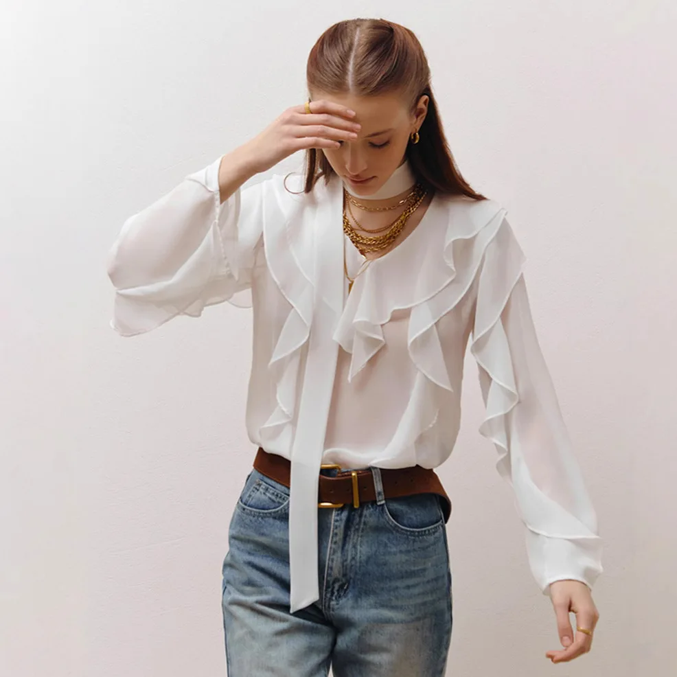 

2026 New Summer Casual Loose Shirts Fashion Chiffon Shirt Women Sexy See Through V Neck Scarf Long Sleeve Ruffled Edges Blouse