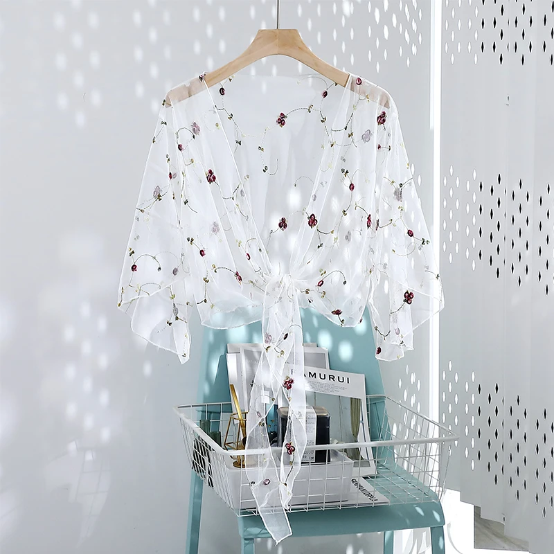 Women Mesh Sheer Cover Ups Shirts Tops Floral Embroidery Long Sleeve See-through Cardigan Blouse Beach Style Shawl Shirts