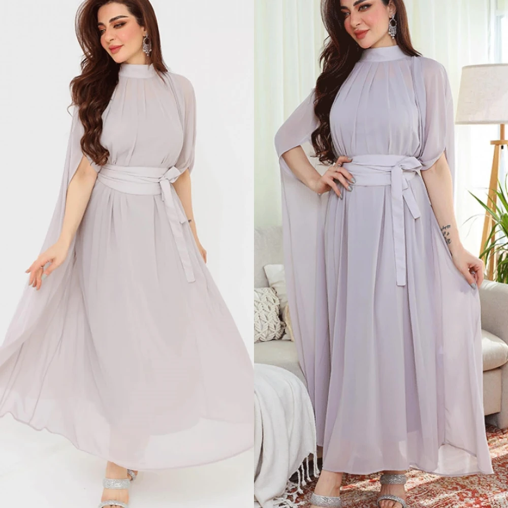 Jiayigong-vestido Midi de gasa con lazo para mujer, traje de noche con cuello alto, a medida, Arabia Saudita