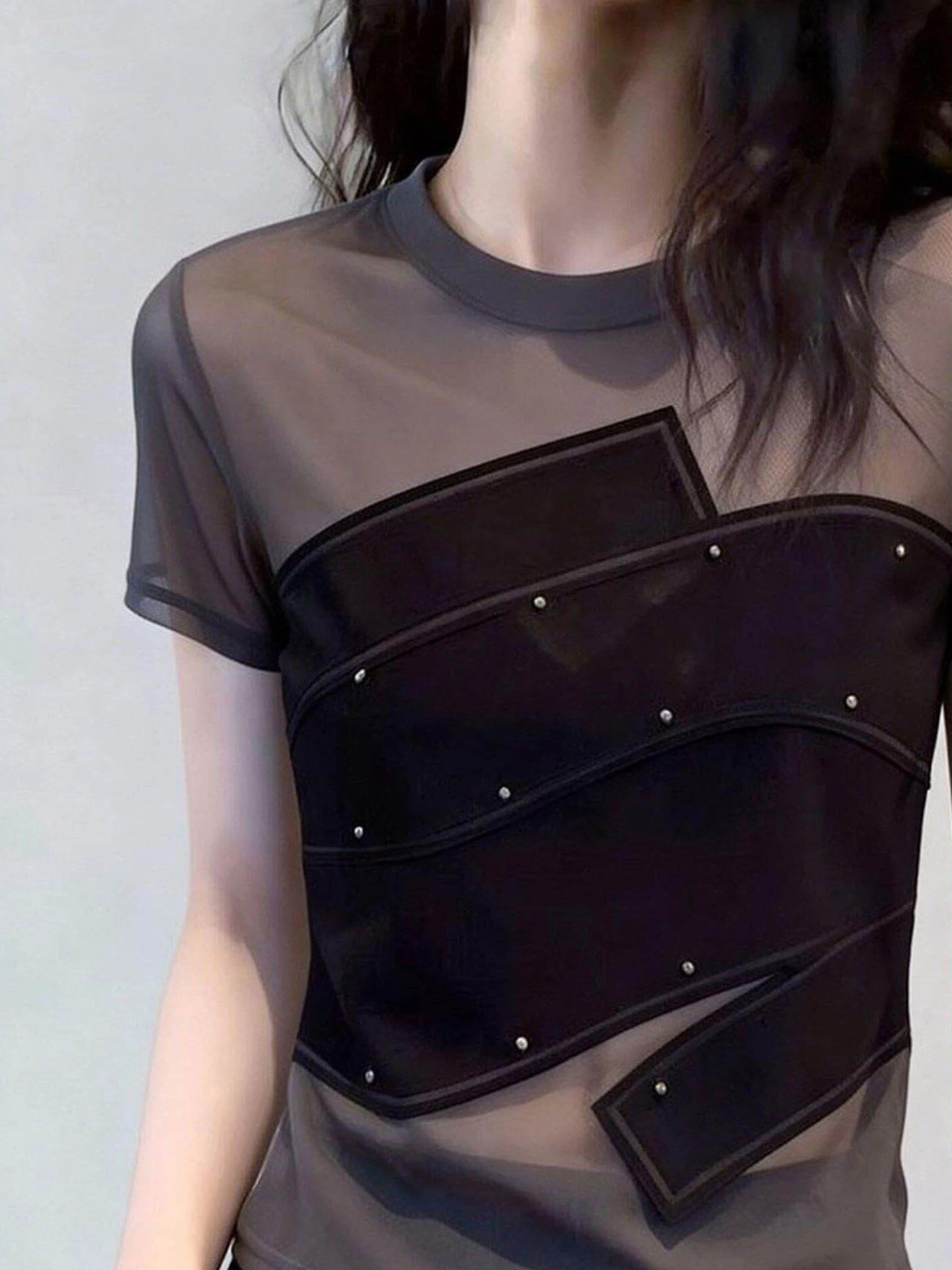 Elegant Short Sleeve T-Shirt round Neck Splice Pure Desire Mesh Net Casual Fashion Spring 2026 Ladies' Top Geometric Pattern
