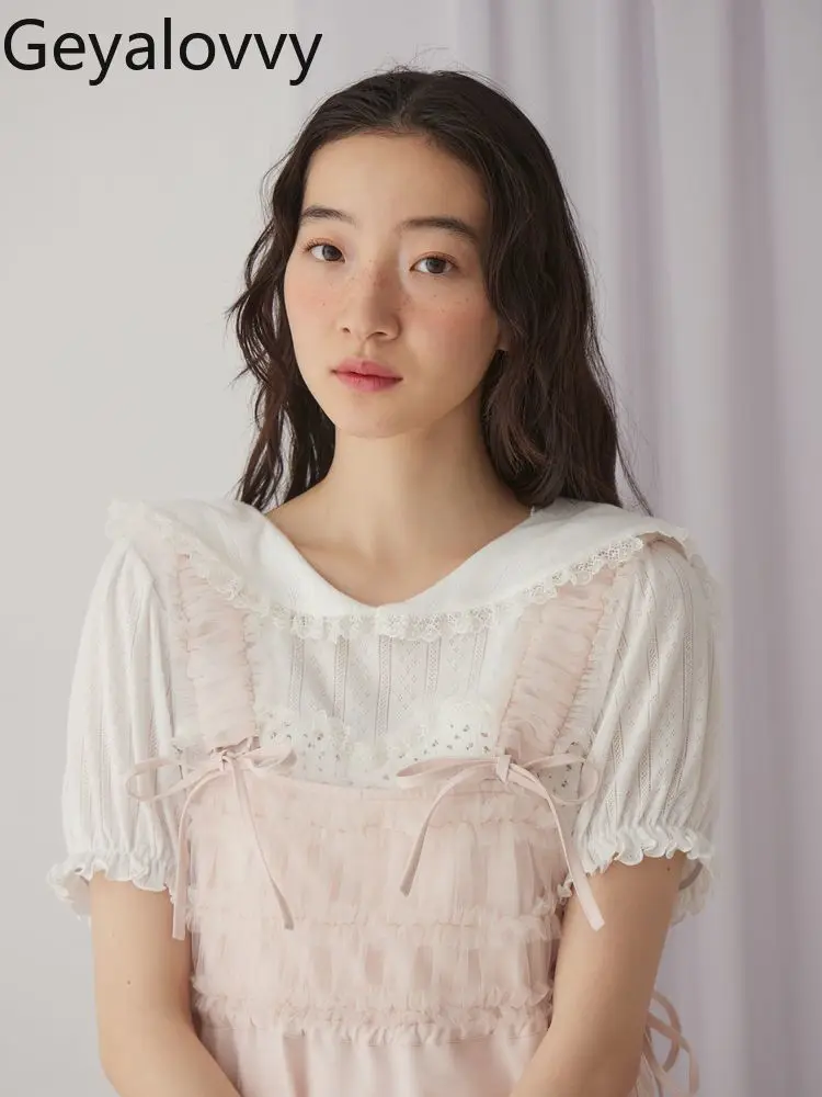 اليابانية الصيف جديد الحلو ولطيف الأزهار البحرية طوق قصيرة الأكمام تي شيرت تنوعا الدانتيل الربط المطبوعة محبوك القمم #2