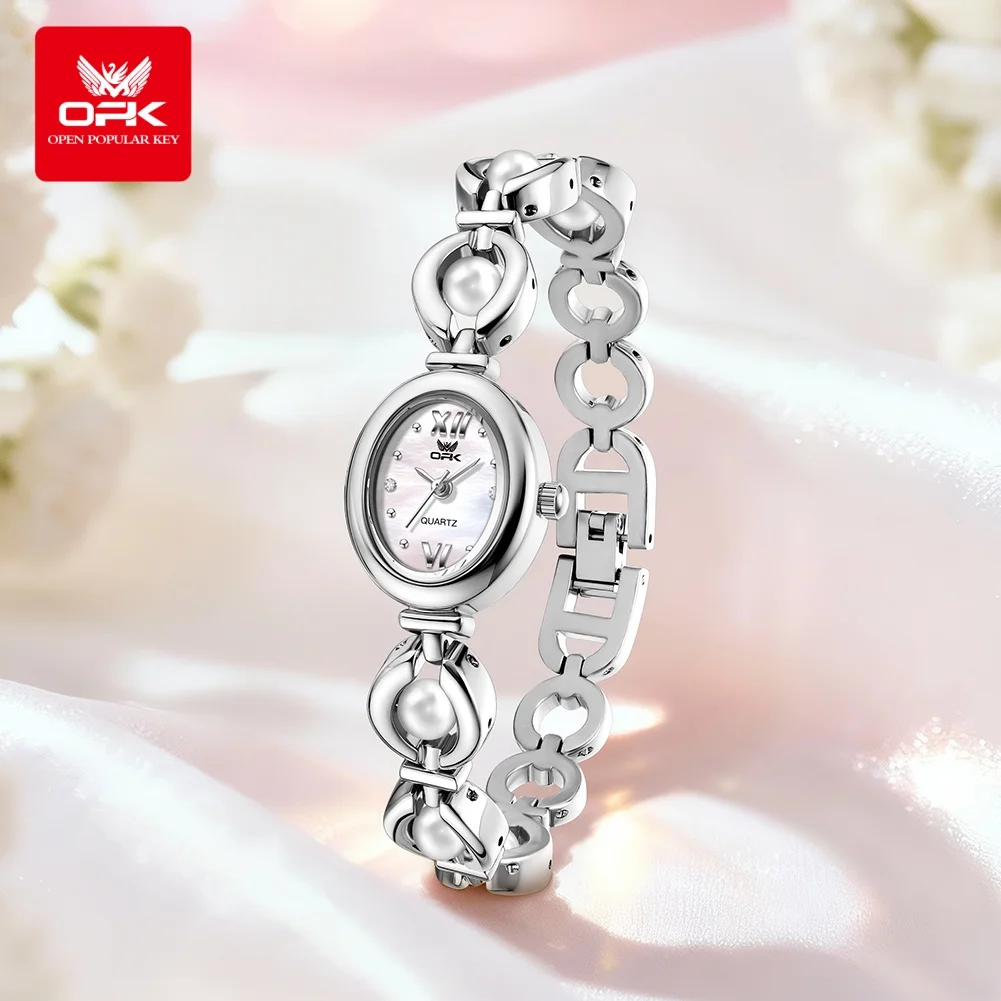 OPK 6076 Elegance Watch Women Sparkle Oval Simple Dial Bead Bracelet Golden Fashion 30M Waterproof Stainless Steel Watch Women