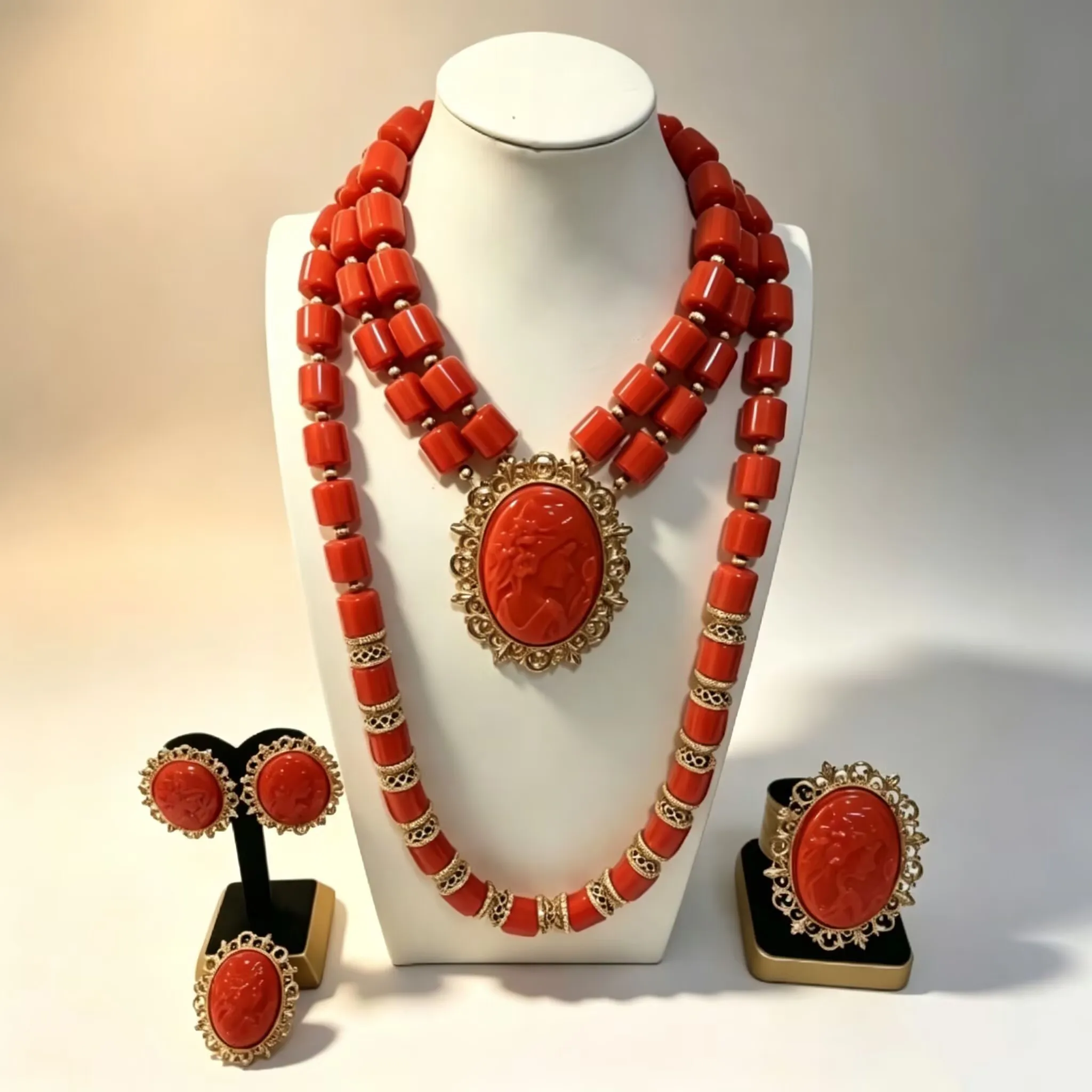 4Pcs Coral Beads Jewelry Set Nigerian Wedding Bridal Gold Plated African Jewelry for Black Women