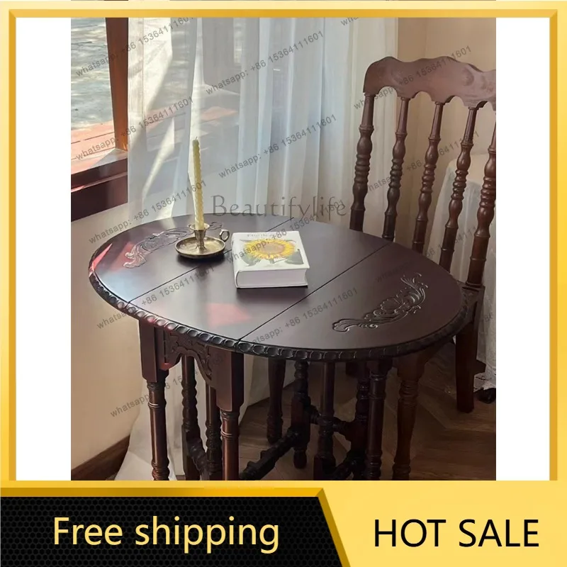 YJ Oval medieval table French butterfly  retro folding  solid wood dining table balcony small apartment coffee