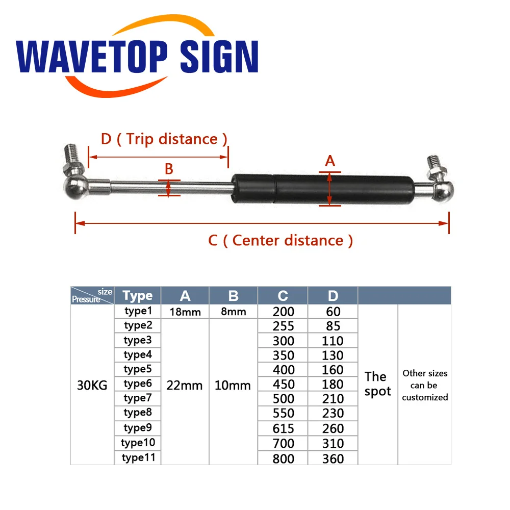 WaveTopSign قضيب هيدروليكي 30 كجم 300N 50 كجم 500N 80 كجم 800N رأس مسطح رأس ثابت رأس كروي لآلة القطع بالليزر Co2 وآلة الحفر
